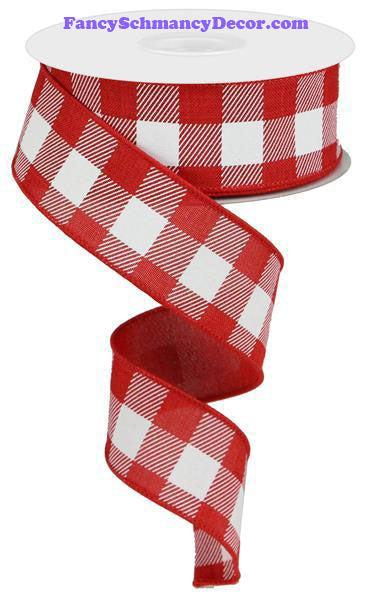 1.5" X 10 yd Red White Plaid Check Wired Ribbon