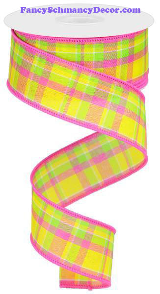 1.5" X 10 yd Woven Check Yellow Hot Pink Lime Wired Ribbon