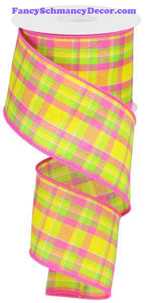 2.5" X 10 yd Woven Check Yellow Hot Pink Lime Wired Ribbon