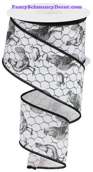2.5" X 10 yd Black White Rooster Chicken Wired Royal Ribbon