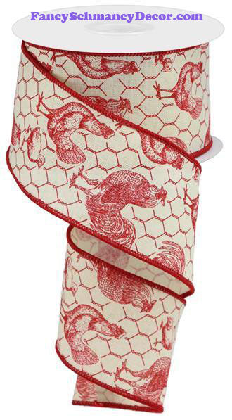 2.5" X 10 yd Rooster Chicken Wire Royal Red Cream Ribbon