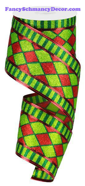 2.5" X 10 yd Glitter Harlequin Stripe Red Green Wired Ribbon