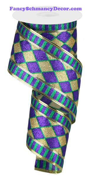 2.5" X 10 yd Glitter Harlequin Stripe Dk Purple Gold Dk Green Wired Ribbon