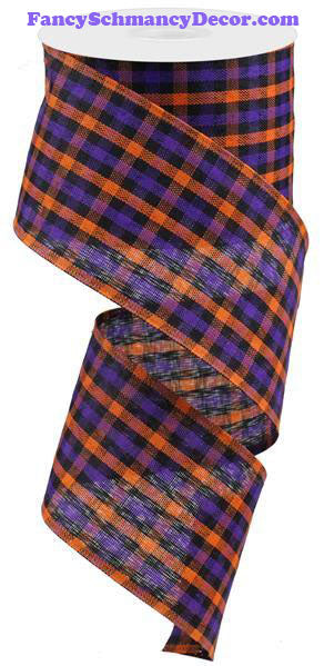 2.5" X 10 yd Woven Gingham Check Orange Purple Black Wired Ribbon