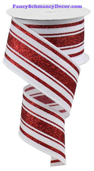 2.5" X 10 yd Glitter Farmhouse Stripe White Red Wired Ribbon