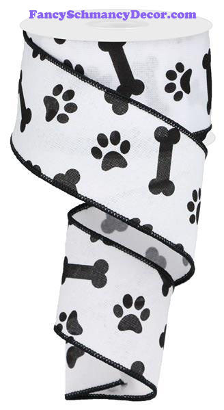 2.5" X 10 yd Paw Print/Bones On Royal White Black Wired Ribbon