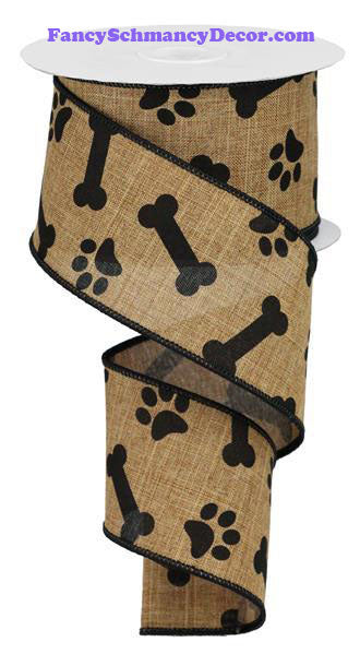 2.5 "X 10 yd Paw Print/Bones Tan Black On Royal Wired Ribbon