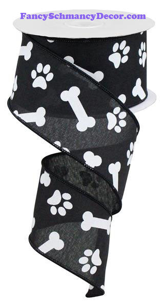 2.5" X 10 yd Paw Print/Bones On Royal Black White Wired Ribbon