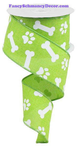 2.5" X 10 yd Paw Print/Bones On Royal Lime Green White Wired Ribbon