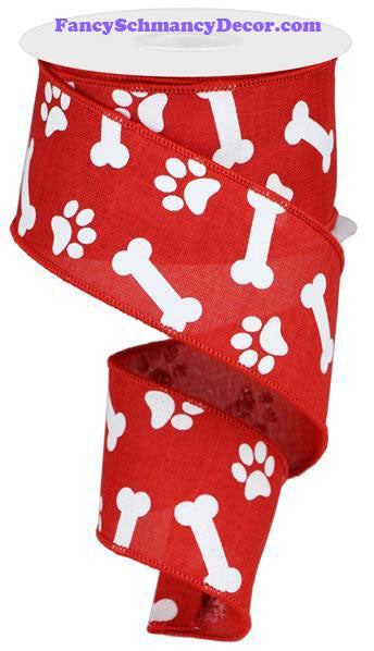 2.5" X 10 yd Paw/Bones Print Red White Wired Ribbon