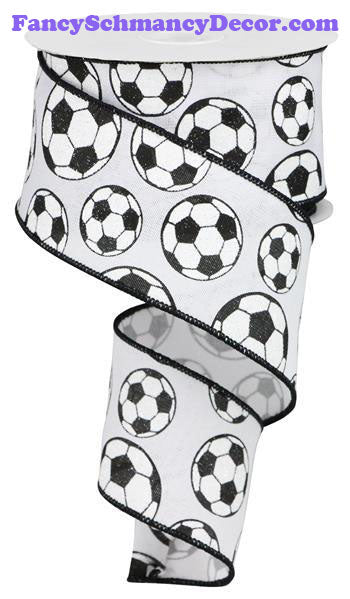 2.5" X 10 yd Glitter White Black Soccer Ball Royal Wired Ribbon