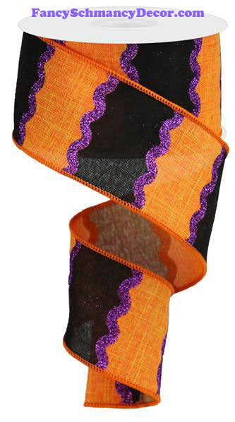 2.5" X 10 yd Wavy Stripes On Royal Orange Black Dark Purple Wired Ribbon