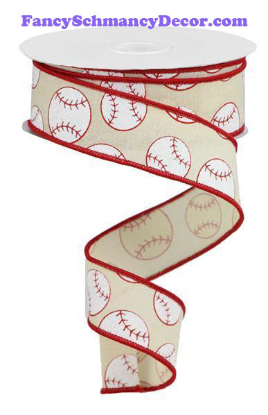 1.5" X 10 yd Glitter Cream Red White Baseball On Royal Wired Ribbon