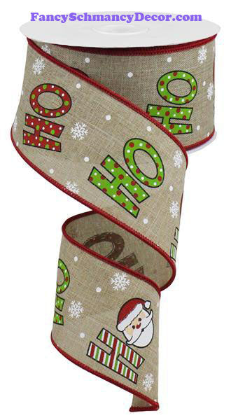 2.5" X 10 yd Ho Ho Ho On Royal Beige White Cream Red Lime Wired Ribbon