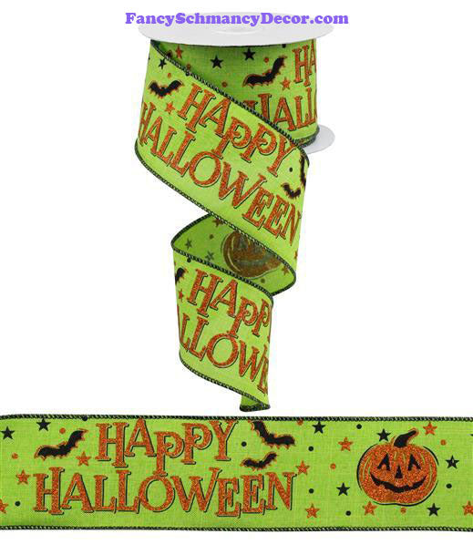 2.5" X 10 yd Happy Halloween Lime Orange Black On Royal Wired Ribbon