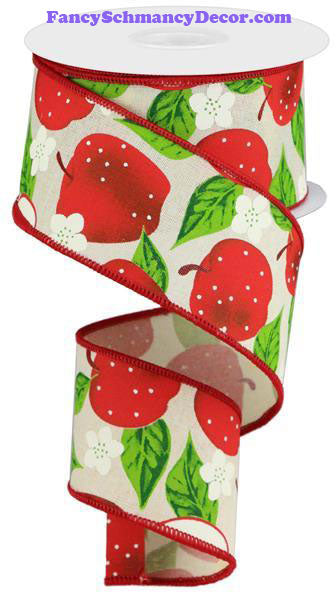 2.5" X 10 yd Apples Cream Red Green On Royal Wired Ribbon