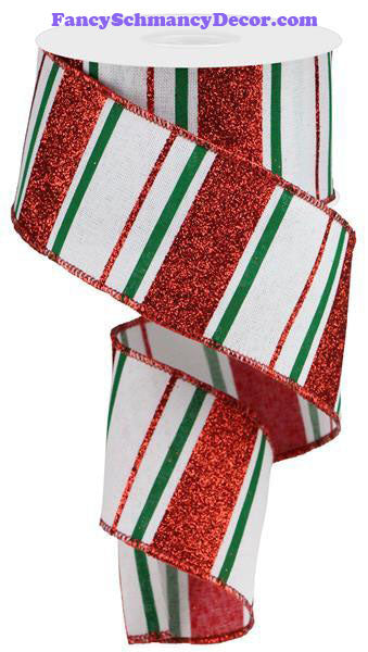 2.5" X 10 yd Glitter Stripes On Royal White Red Emerald Wired Ribbon