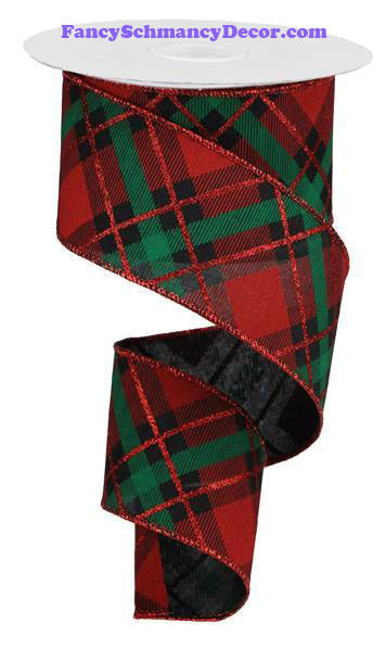 2.5" X10 yd Glitter Plaid Black Red Emerald On Royal Wired Ribbon