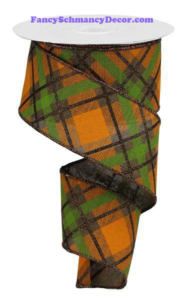 2.5" X 10 yd Glitter Plaid On Royal Brown Orange Moss Wired Ribbon