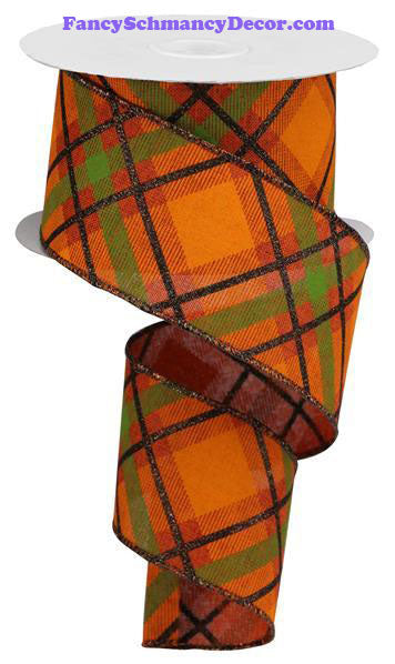 2.5" X 10 yd Glitter Plaid On Royal Rust Brown Orange Moss Wired Ribbon