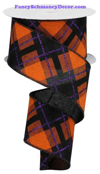 2.5" X 10 yd Glitter Plaid On Royal Black Purple Orange Wired Ribbon