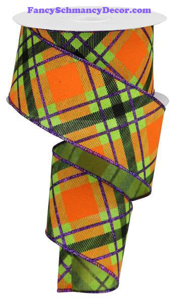 2.5" X 10 yd Glitter Plaid On Royal Lime/Purple/Orange Wired Ribbon