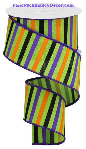 2.5" X 10 yd Horizontal Stripes Lime Orange Purple Black Wired Ribbon