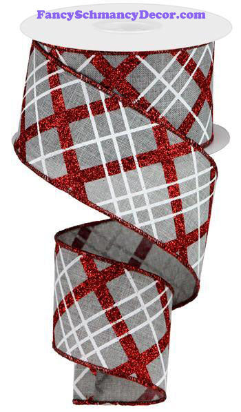 2.5" X 10 yd Glitter Diagonal Plaid/Royal Lt Grey Red White Wired Ribbon