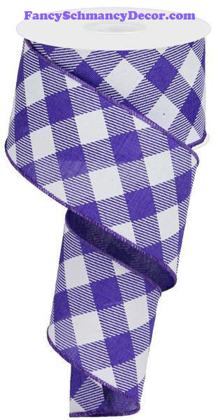 2.5" X 10 yd Diagonal Check On Royal Purple White Wired Ribbon