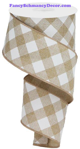 2.5" X 10 yd Diagonal Check On Royal Lt Tan White Wired Ribbon