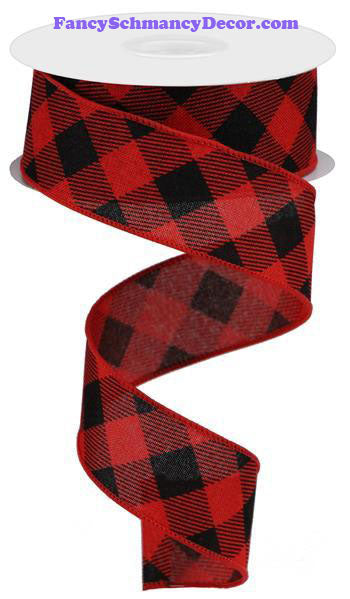 1.5" X 10 yd Diagonal Red Black Check Wired Ribbon