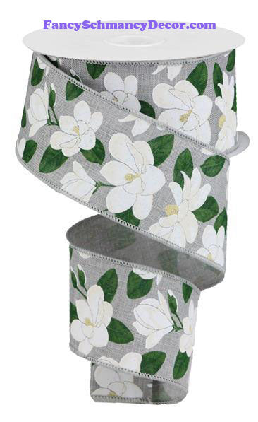 2.5" X 10 yd Magnolia On Royal Lt. Gray Yellow White Green Wired Ribbon