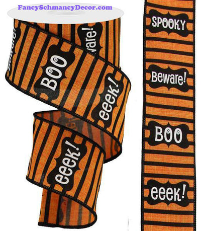 2.5" X 10 yd Framed Halloween Words Orange White Black Royal Wired Ribbon