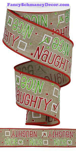 2.5" X 10 yd Naughty Or Nice On Lt Beige Green Red White Royal Wired Ribbon