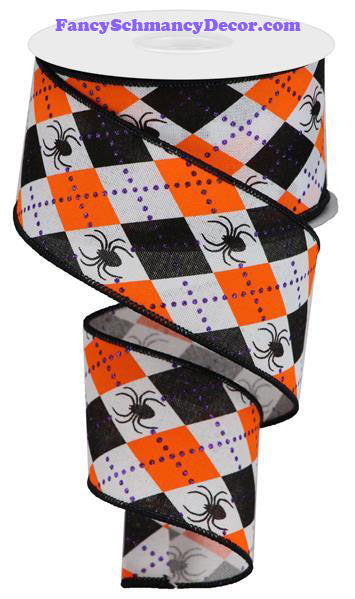 2.5" X 10 yd Argyle Spiders White Orange Black Purple On Royal Wired Ribbon