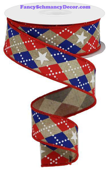 1.5" X 10 yd Argyle Stars On Royal Lt. Beige Red White Blue Wired Ribbon