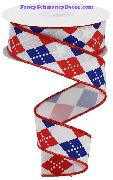 1.5" X 10 yd Argyle Stars On Royal Red White Blue Wired Ribbon