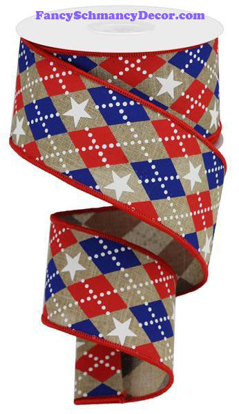 2.5" X 10 yd Argyle Stars On Royal Lt Beige Red White Blue Wired Ribbon