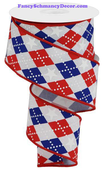 2.5" X 10 yd Argyle Stars On Royal Red White Blue WIred Ribbon