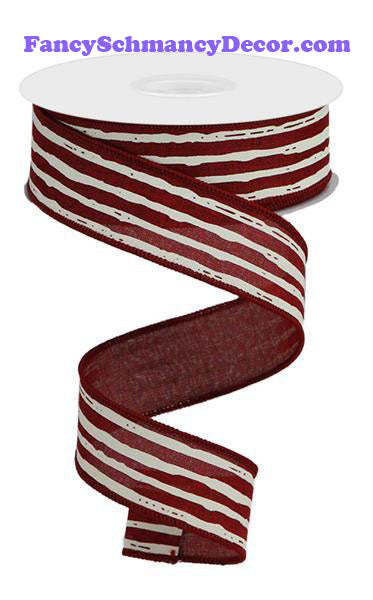 1.5" X 10 yd Irregular Burgundy Cream Stripes On Royal Ribbon