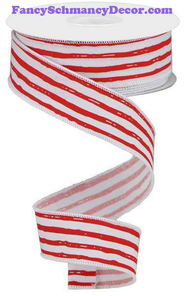 1.5" X 10 yd Irregular White Red Stripes On Royal Ribbon