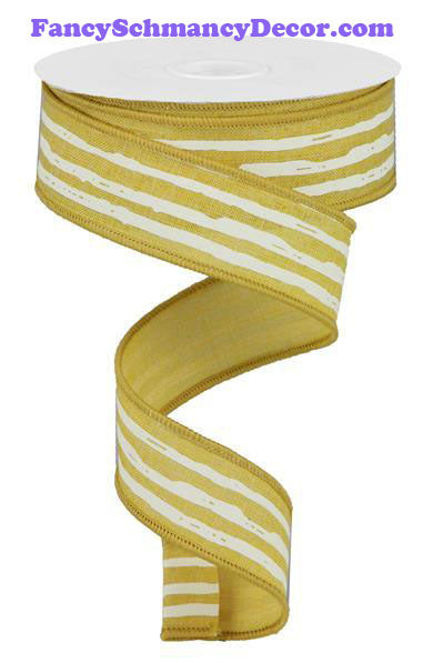 1.5" X 10 yd Irregular Mustard Cream Stripes On Royal Ribbon