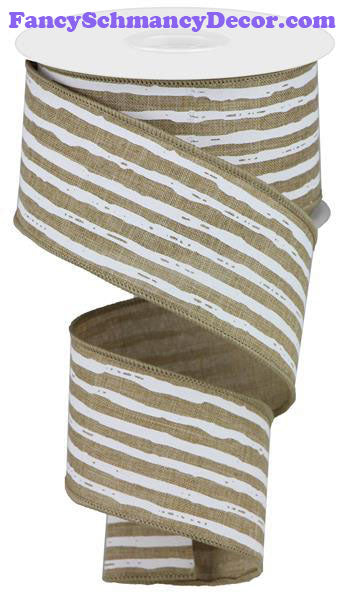 2.5" X 10 yd Irregular Stripes On Royal Lt Beige White Wired Ribbon