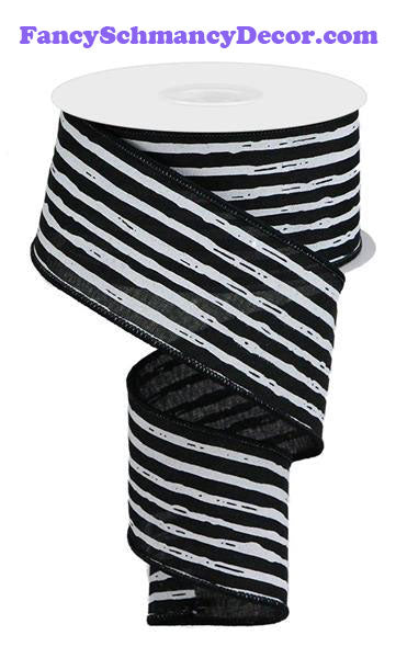 2.5" X 10 yd Irregular Stripes On Royal Black White Wired Ribbon