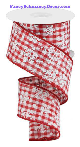 2.5" X 10 yd Falling Snow W/Check Red White Wired Ribbon