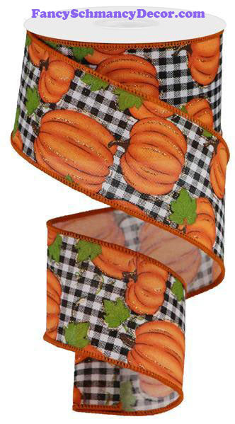 2.5" X 10 yd Pumpkin Patch Check White Orange Moss Black Wired Ribbon