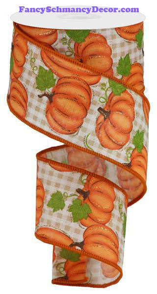 2.5" X 10 yd Pumpkin Patch/Check Ivory Orange Moss Wired Check Ribbon