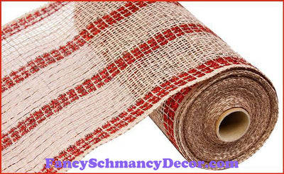 10" X 10 yd Poly Burlap Tinsel Foil Natural White & Red Stripe Mesh