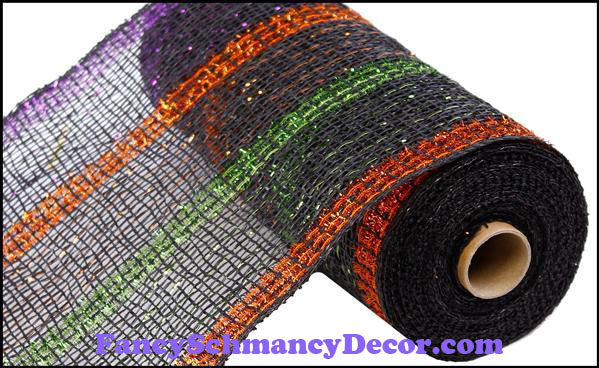 10" X 10 yd Poly Burlap Tinsel Foil Black with Purple, Copper, & Green Stripe Mesh