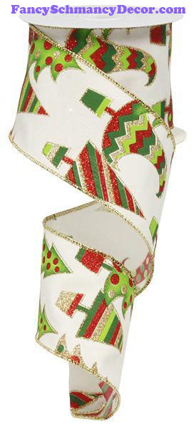 2.5" X 10 yd Glittered Christmas Trees Wired Ribbon